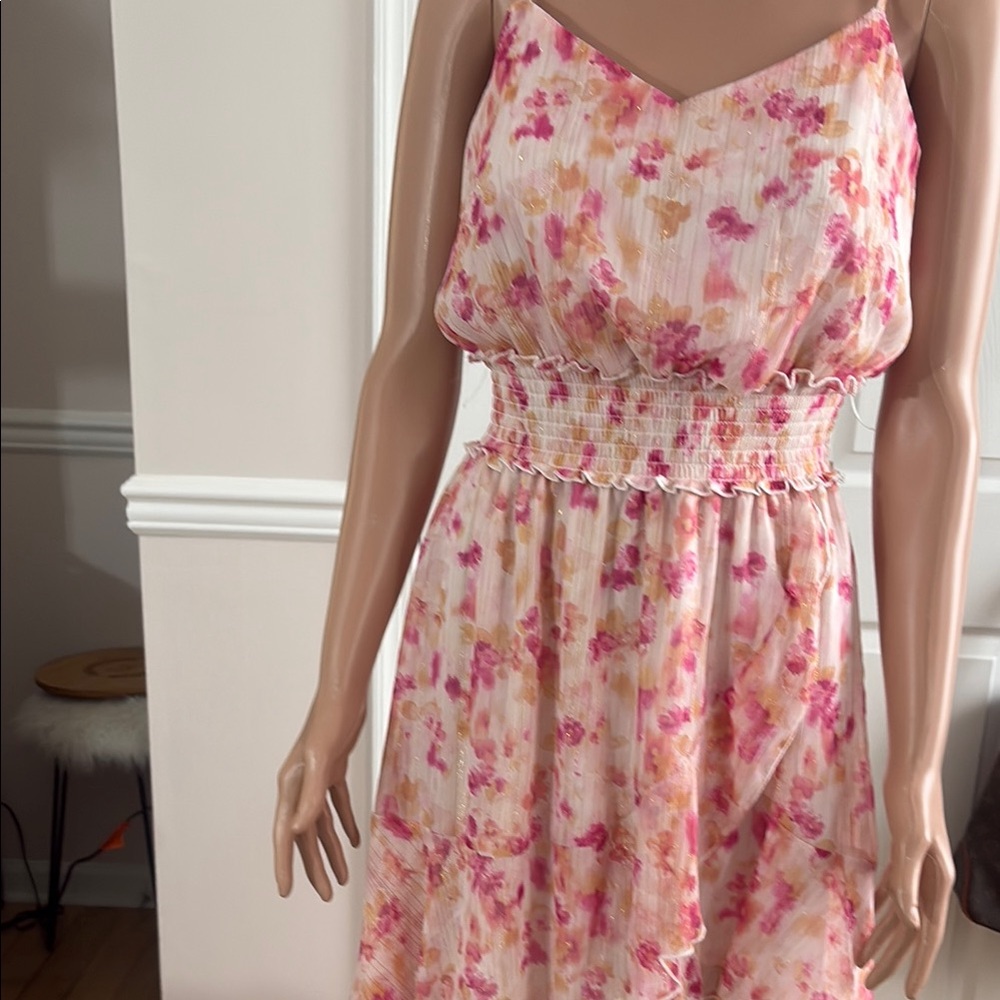 Emerald Sundae Pink and Orange Ruched Asymmetrical Sundress